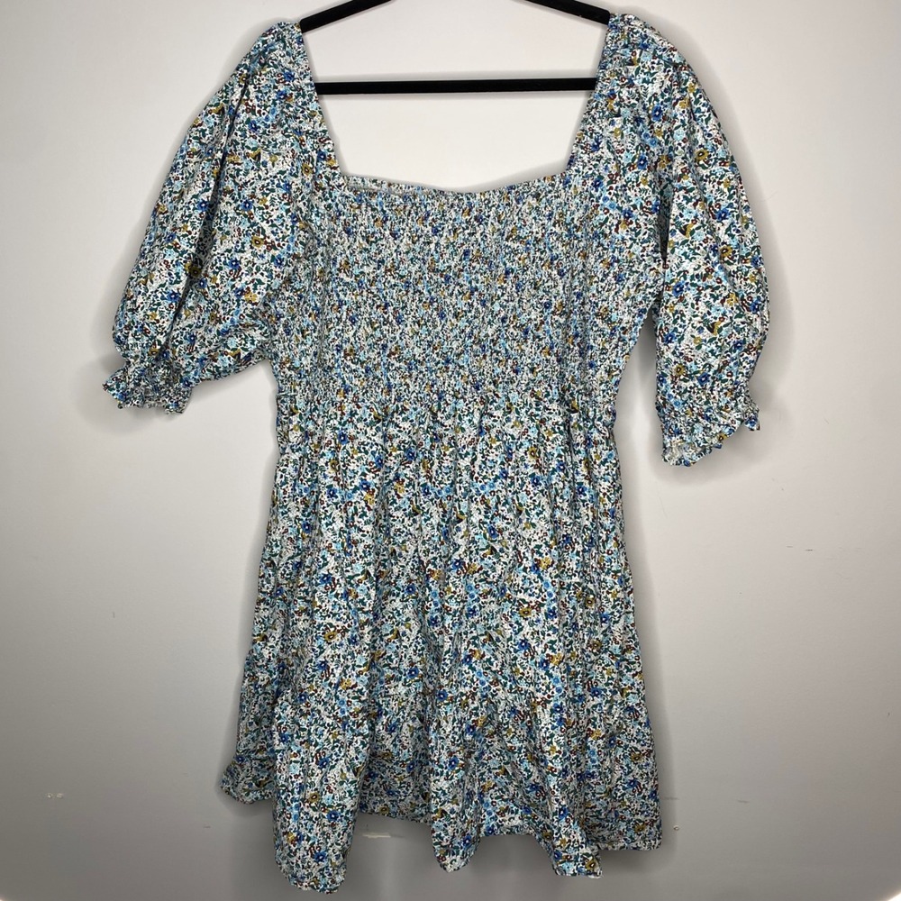 Arula Floral Smocked Square Neck Puff Sleeve Mini Dress tunic White Blue Yellow
